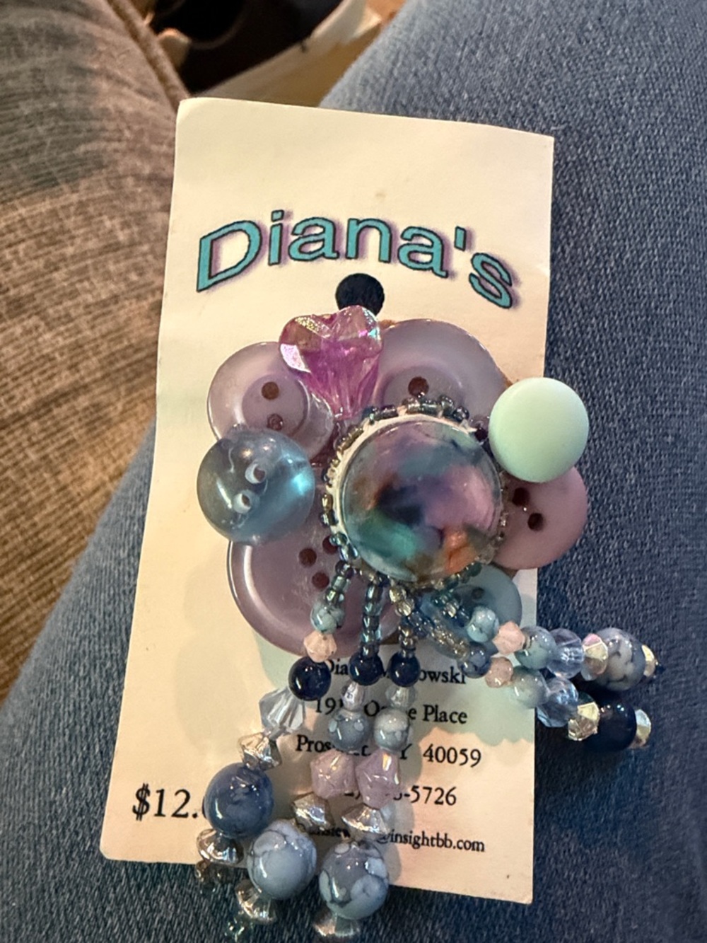 Hand Crafted Purple and Blue Floral Bead Brooch by Hand Crafted